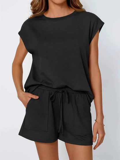 Round Neck Cap Sleeve Top and Shorts Set Black