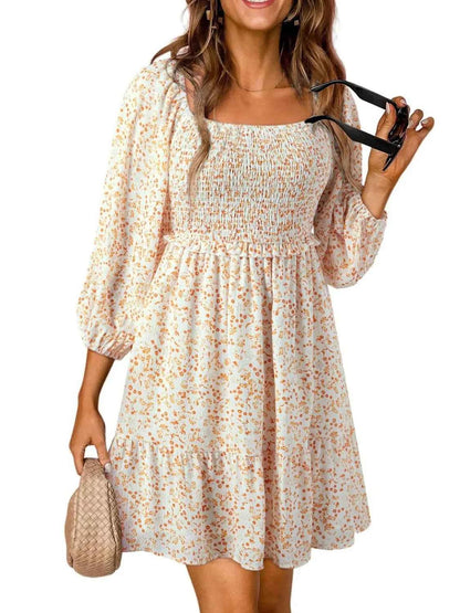 Smocked Floral Square Neck Dress Apricot
