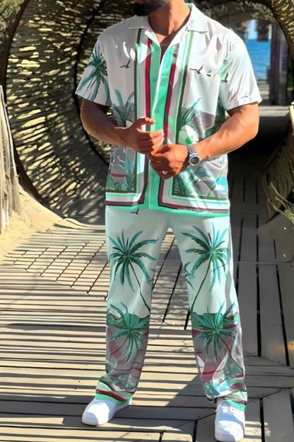 Men's Full Size Printed Short Sleeve Top and Pants Set Plus Size Light Green