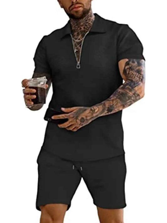 Men's Full Size Textured Collared Neck Short Sleeve Top and Shorts Set Plus Size