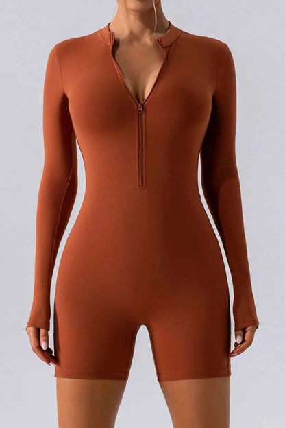 Half Zip Long Sleeve Active Romper Caramel