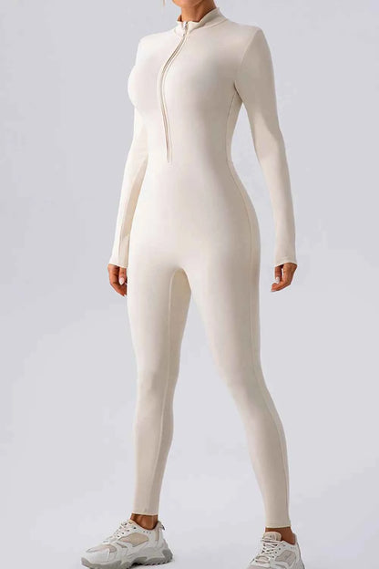 Half Zip Mock Neck Active Jumpsuit White