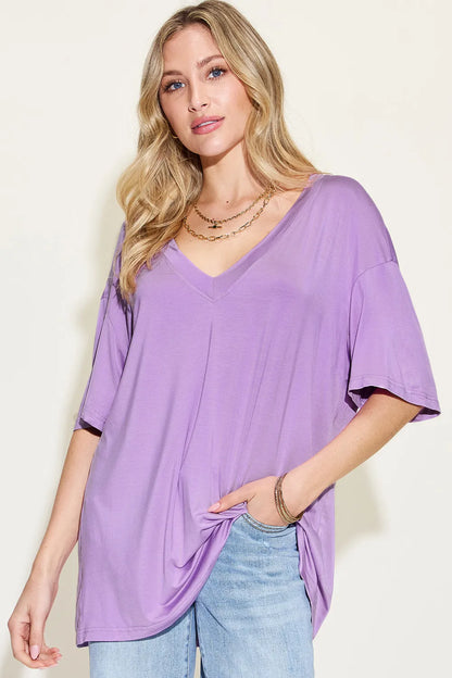 Basic Bae Full Size Bamboo V-Neck Drop Shoulder T-Shirt Lilac