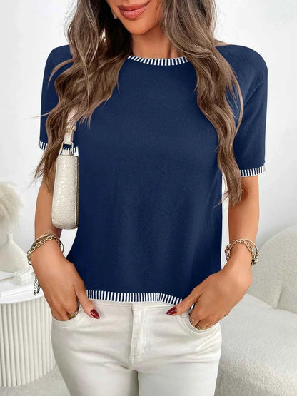 Short Sleeve Round Neck Knit Top Dark Blue