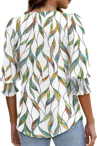 Printed Round Neck Three-Quarter Sleeve Blouse