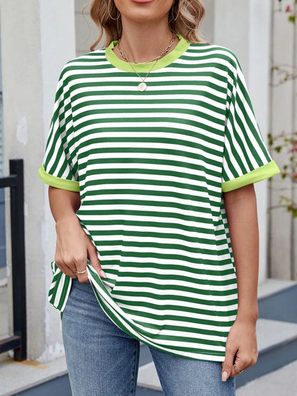Striped Round Neck Half Sleeve T-Shirt Green White
