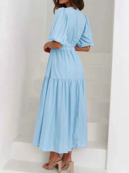 V-Neck Puff Sleeve Midi Dress