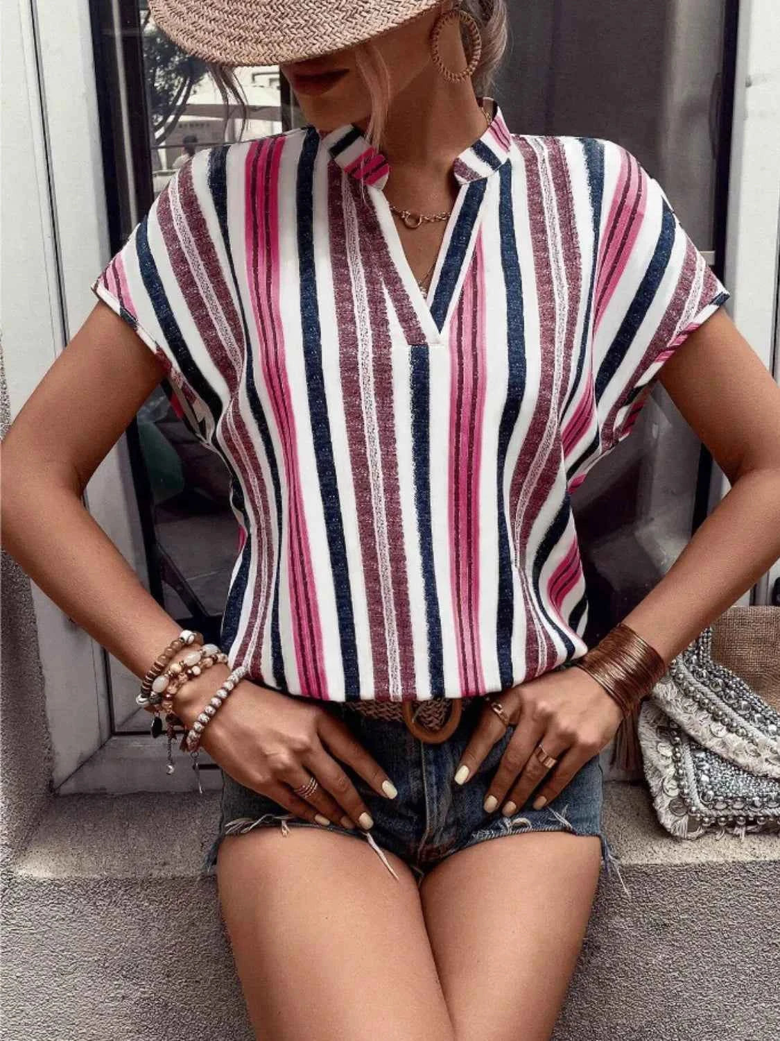 Striped Notched Short Sleeve Shirt