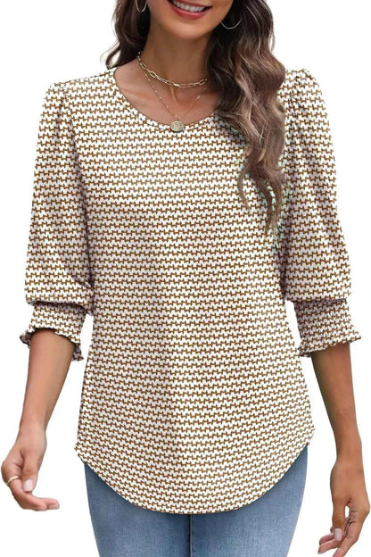 Printed Round Neck Three-Quarter Sleeve Blouse