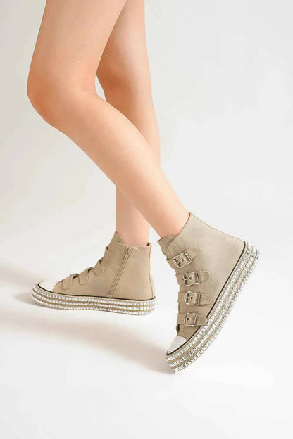 Beast Fashion Multi-Buckle Straps Studded Platform Sneakers - Trendy Punk-Inspired Footwear Khaki