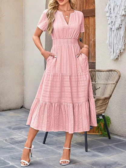 Tiered Notched Short Sleeve Dress Blush Pink