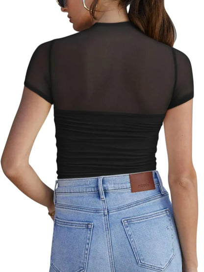 Mesh Mock Neck Short Sleeve T-Shirt
