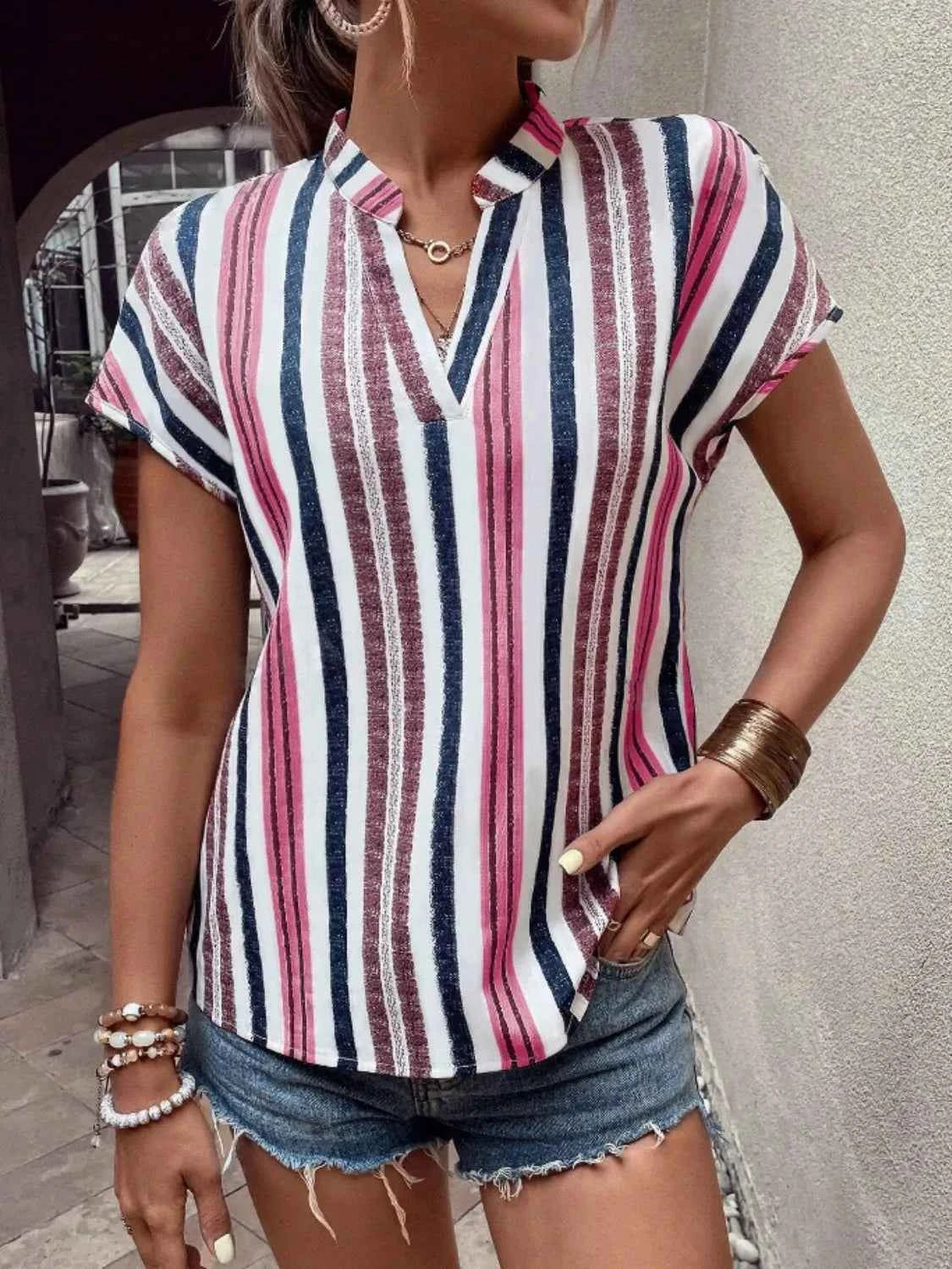 Striped Notched Short Sleeve Shirt