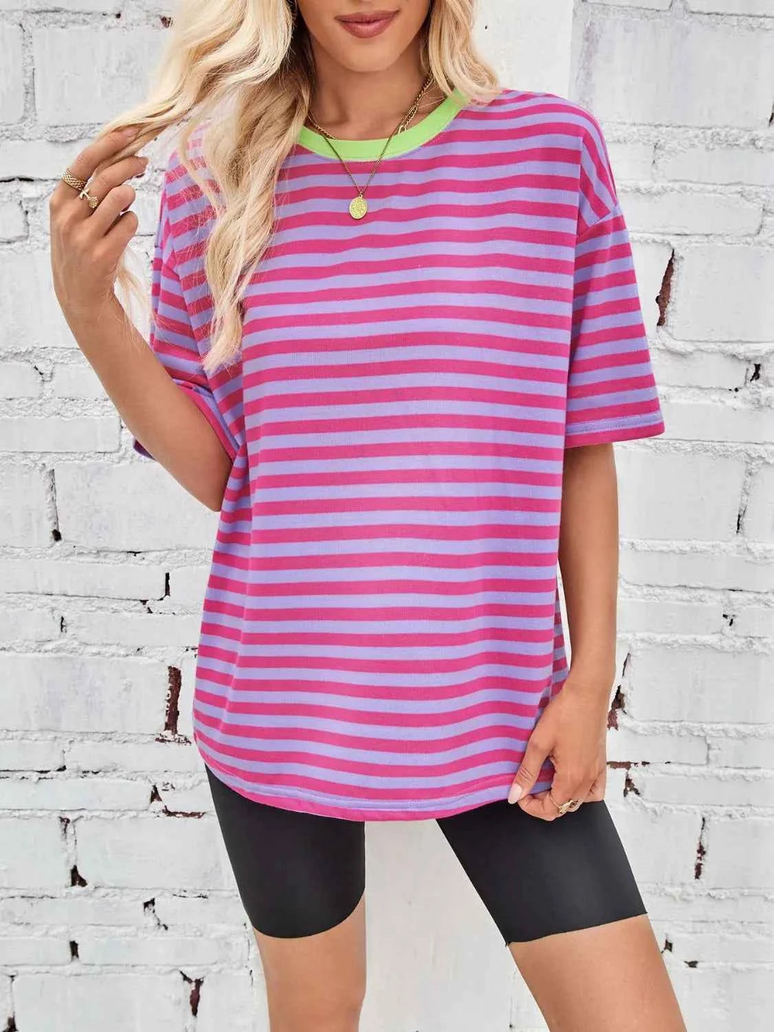 Contrast Striped Round Neck T-Shirt Fuchsia Pink