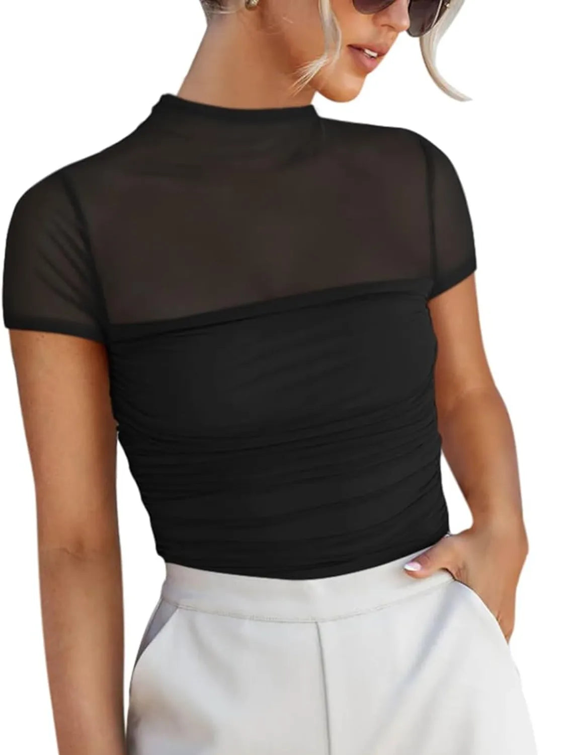 Mesh Mock Neck Short Sleeve T-Shirt Black
