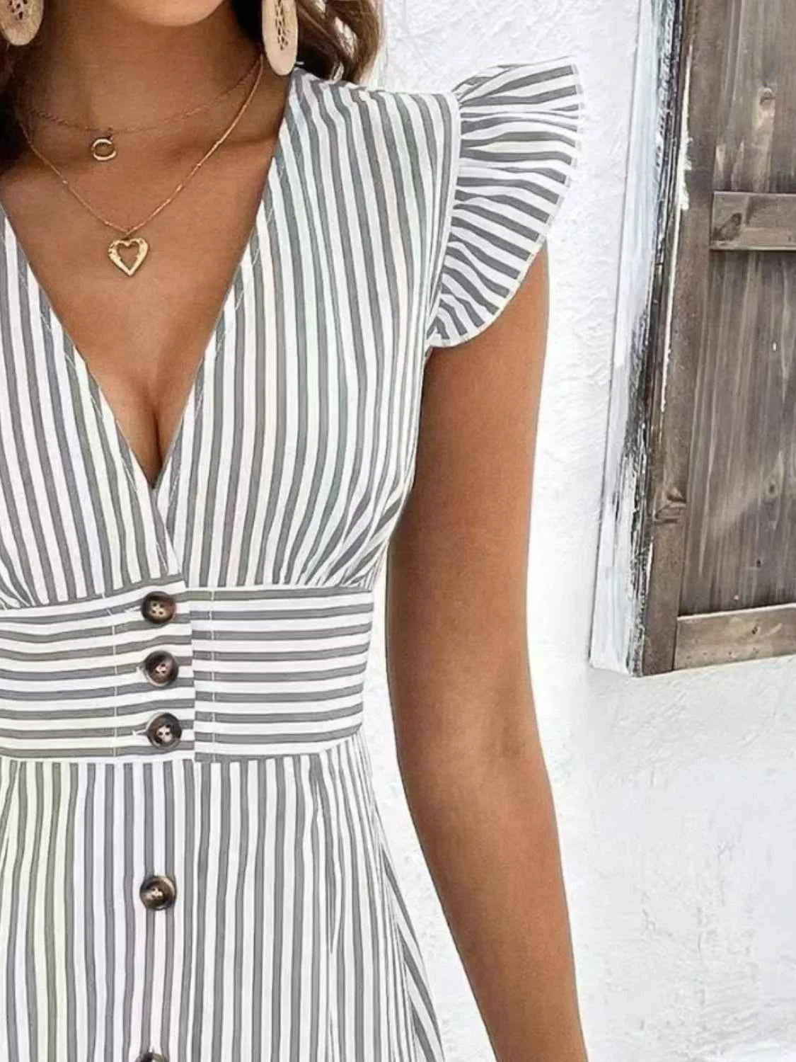 Striped Button Front Cap Sleeve Dress