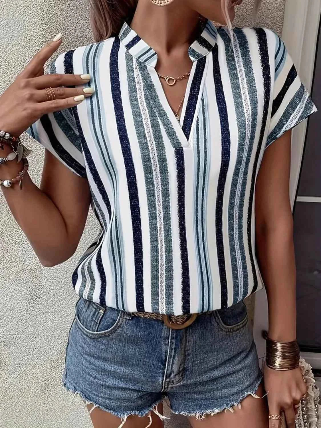 Striped Notched Short Sleeve Shirt Air Force Blue