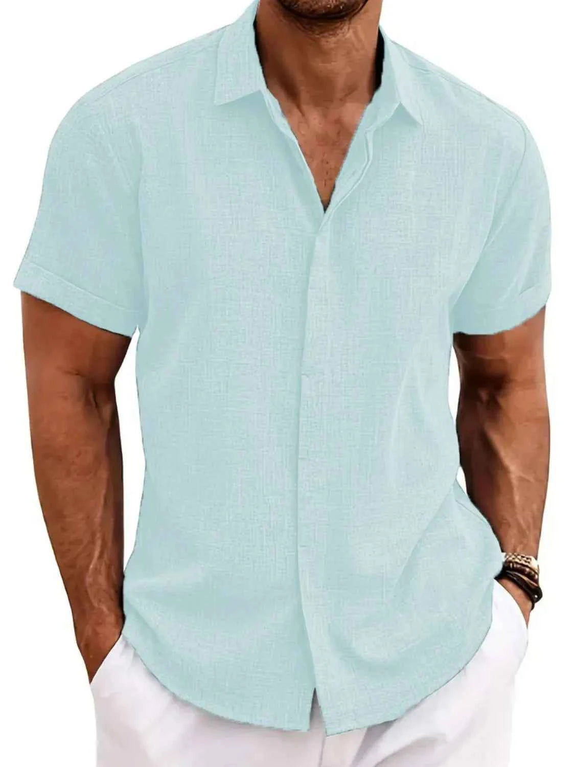 Men's Full Size Collared Neck Short Sleeve Shirt Plus Size Mint Blue