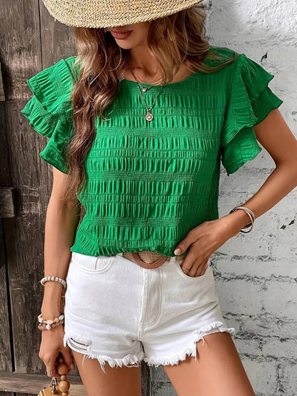 Round Neck Ruffled Short Sleeve Top