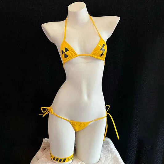2025 Y2k Micro Bikini Set for Women Danger Caution Printed Swimsuit Punk Backless String Tied Bathing Suit