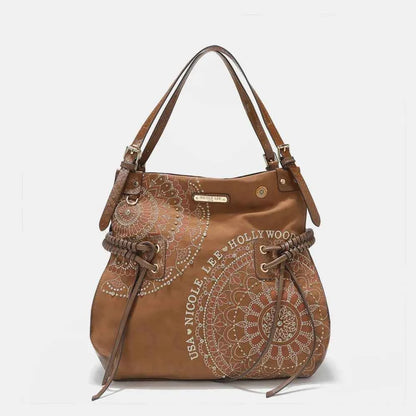 Nicole Lee USA Side Braided Tassel Inlaid Rhinestone Embroidery Hobo Bag Brown One Size