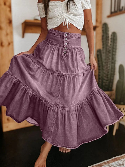 Ruched Button Fly Denim Skirt