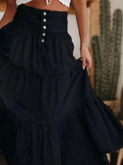 Ruched Button Fly Denim Skirt
