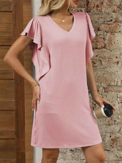 Ruffled V-Neck Cap Sleeve Mini Dress Blush Pink