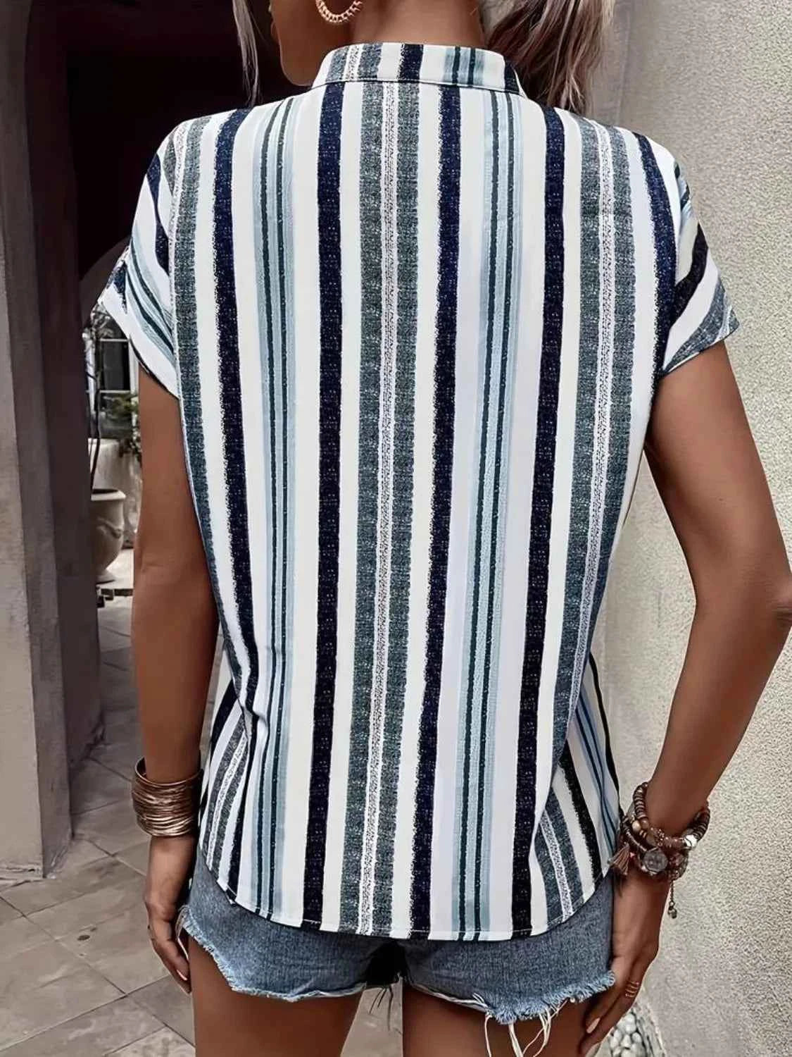 Striped Notched Short Sleeve Shirt