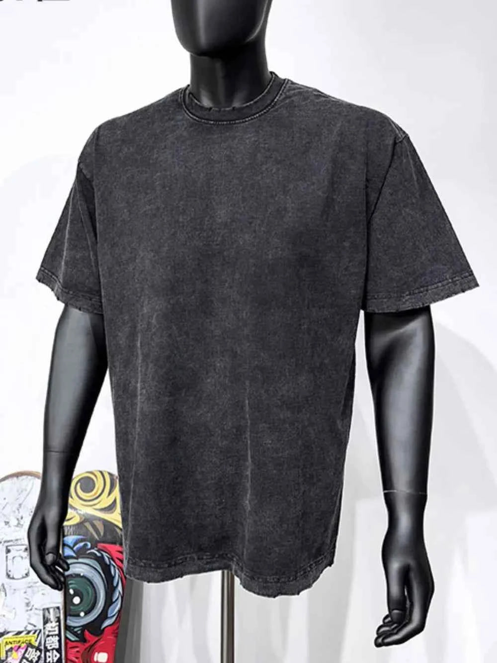 Men's Full Size Round Neck Washed T-Shirt Plus Size Black