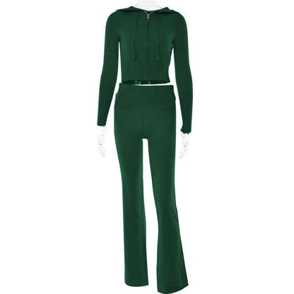 Knitted Hooded Suits for Women - High-Waist Long-Sleeves Trousers Two-Piece Set Green Suit