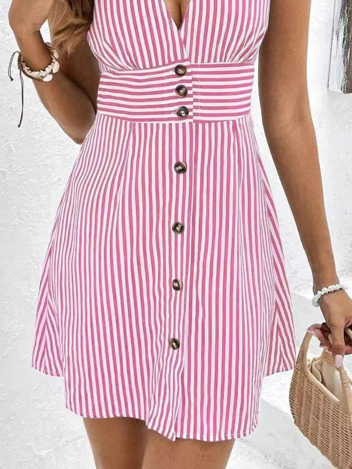 Striped Button Front Cap Sleeve Dress