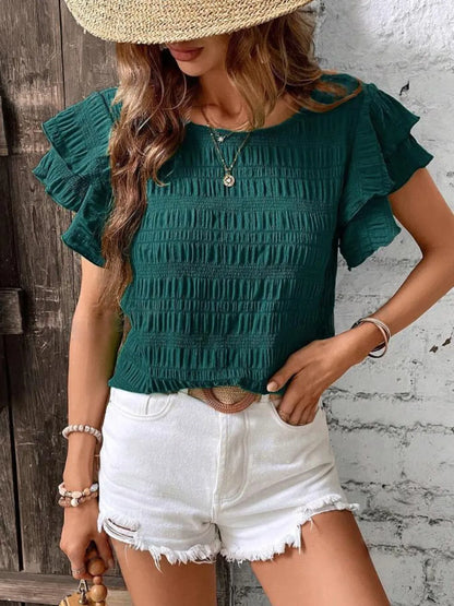 Round Neck Ruffled Short Sleeve Top Dark Green