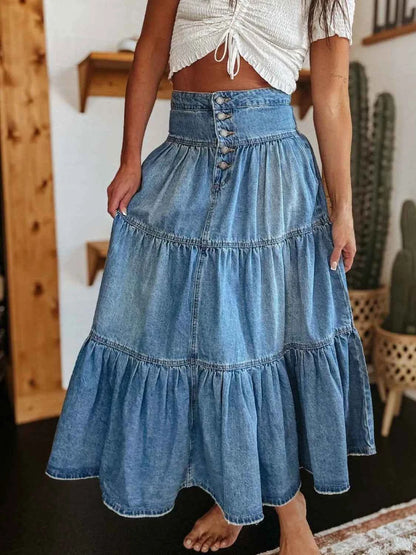 Ruched Button Fly Denim Skirt