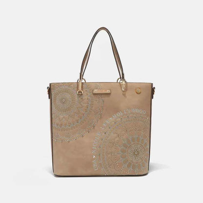 Nicole Lee USA Metallic Stitching Embroidery Inlaid Rhinestone Tote Bag Beige One Size