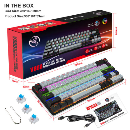 RGB Mechanical Keyboard - MINI 60% Customized Color Blocked Keycaps - Plug-in Blue Axis Ice Blue Disc V800GY grey