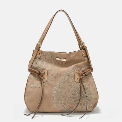 Nicole Lee USA Side Braided Tassel Inlaid Rhinestone Embroidery Hobo Bag Beige One Size