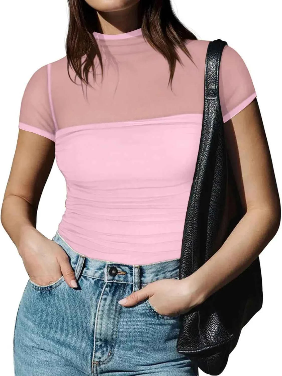 Mesh Mock Neck Short Sleeve T-Shirt