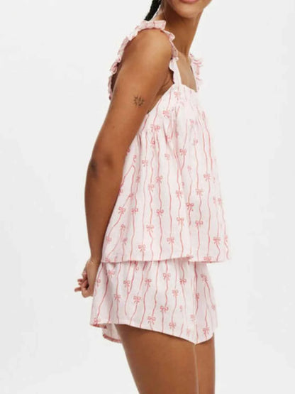 Bow Print Square Neck Cami and Shorts Set