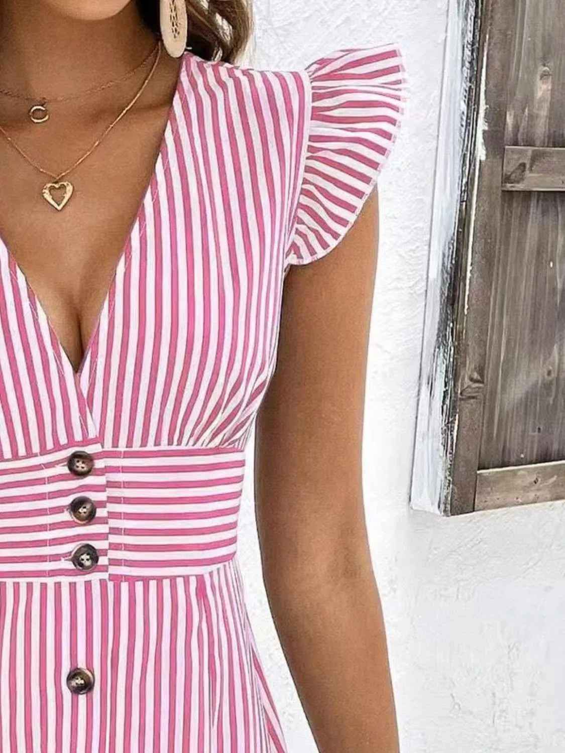 Striped Button Front Cap Sleeve Dress
