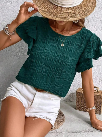 Round Neck Ruffled Short Sleeve Top
