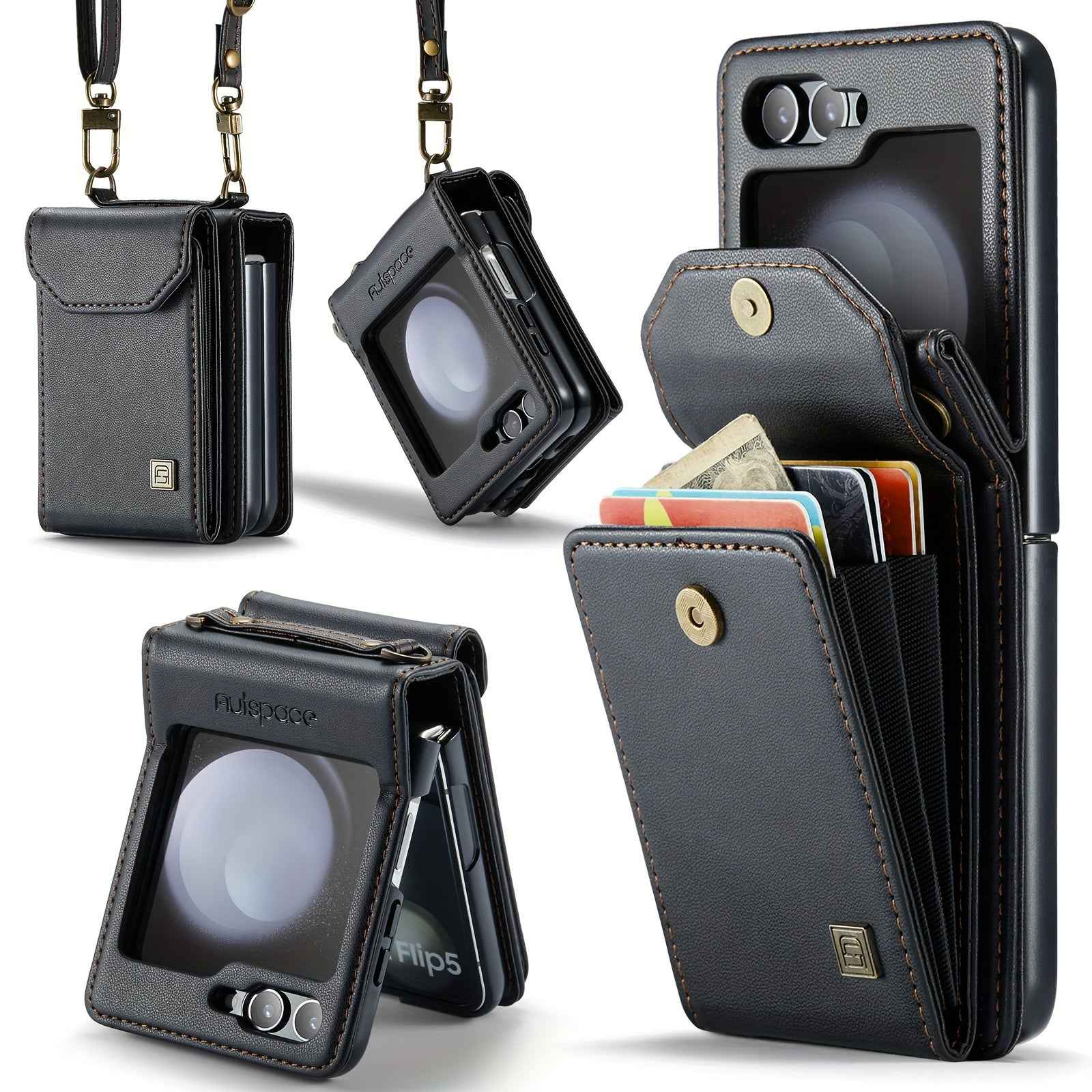 Crossbody Case for Samsung Galaxy Z Flip 3/4/5 - Vintage Faux Leather Strap, Magnetic Closure & Card Holder - Unisex Design in Black Black Samsung Galaxy Z Flip 5