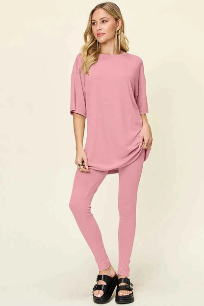Double Take Full Size Round Neck Dropped Shoulder T-Shirt and Leggings Set Dusty Pink