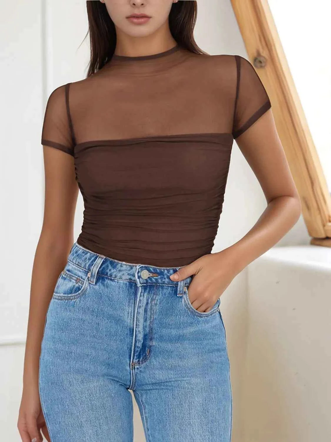Mesh Mock Neck Short Sleeve T-Shirt Chocolate
