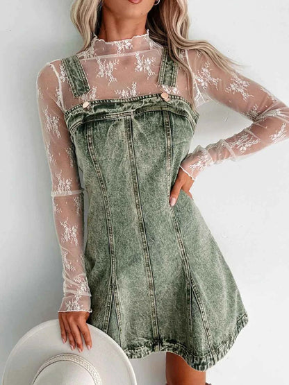 Square Neck Wide Strap Denim Dress Matcha Green