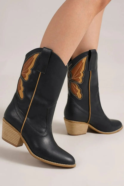 Beast Fashion Butterfly Cut Detail Point Toe Boots - Trendy Footwear Black