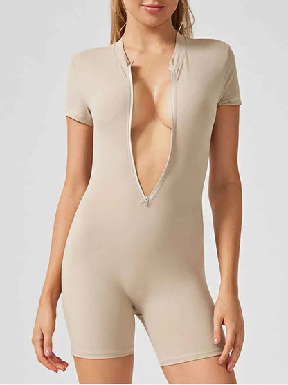 Half Zip Short Sleeve Active Romper Tan