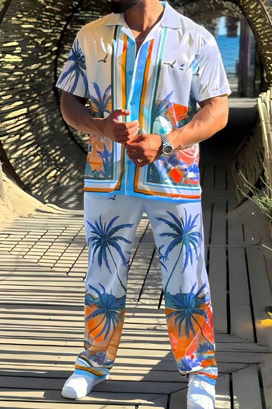 Men's Full Size Printed Short Sleeve Top and Pants Set Plus Size