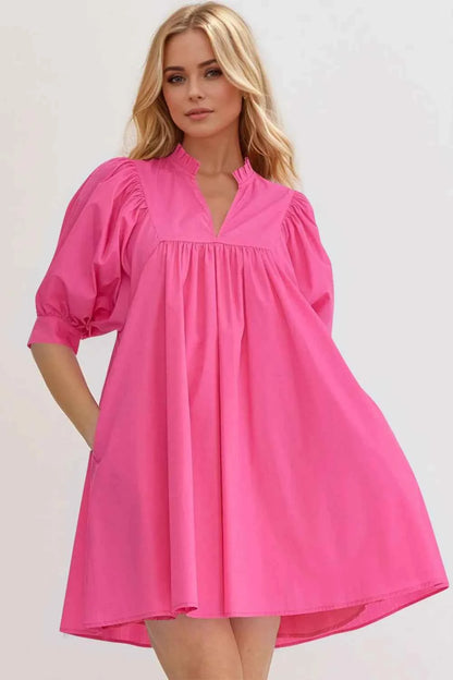 Oh Frill Notched Puff Sleeve Babydoll Mini Dress Hot Pink