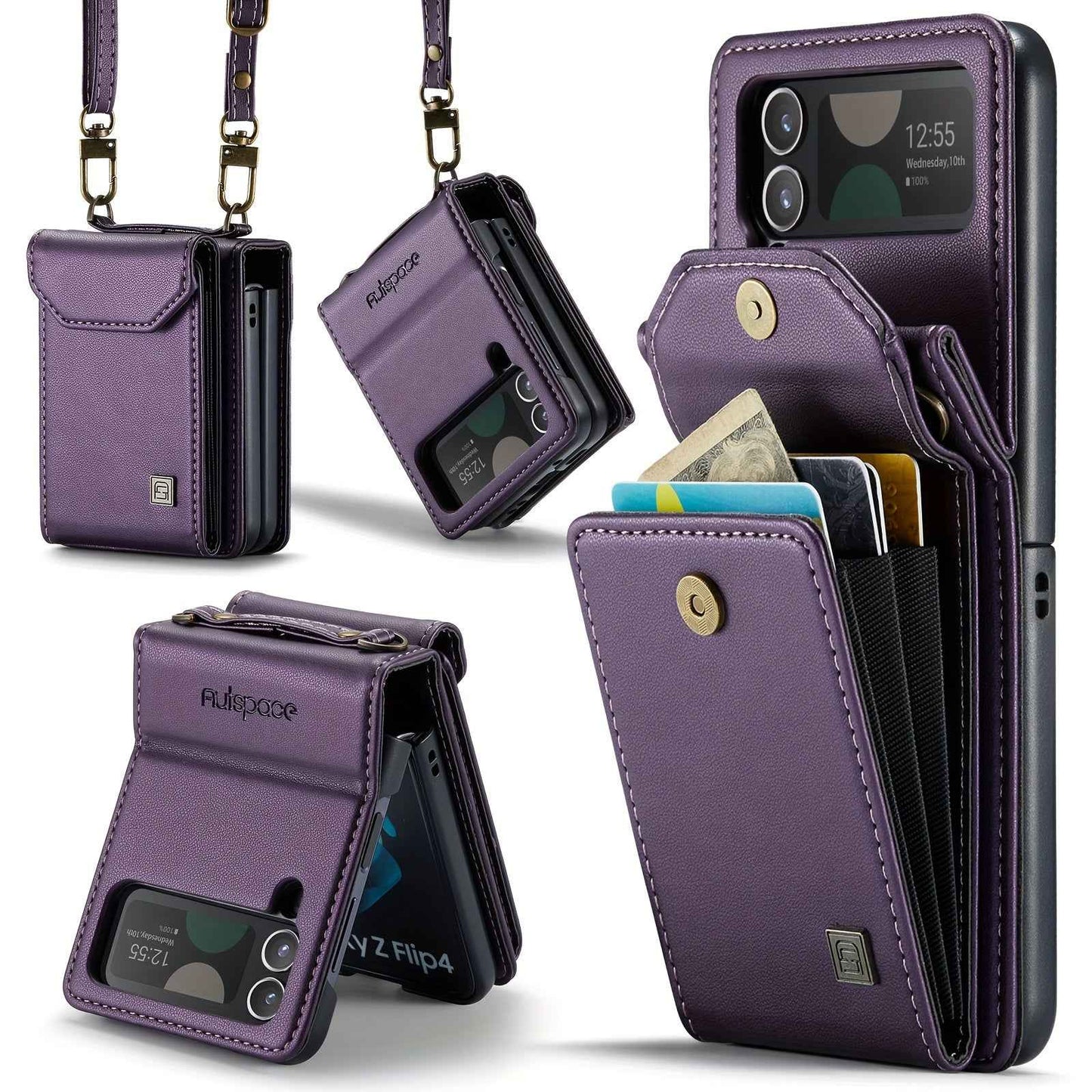 Crossbody Case for Samsung Galaxy Z Flip 3/4/5 - Vintage Faux Leather Strap, Magnetic Closure & Card Holder - Unisex Design in Black Deep Purple